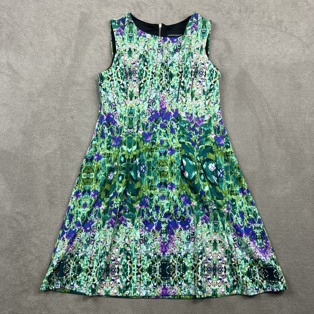 Cynthia Rowley Dress Womens 14 Green Purple Floral Sleeveless Fit Flare Zipper